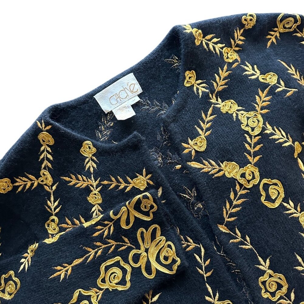 VTG Cache Embroidered Floral Knit Cardigan Womens Size L Wool Angora Old Money